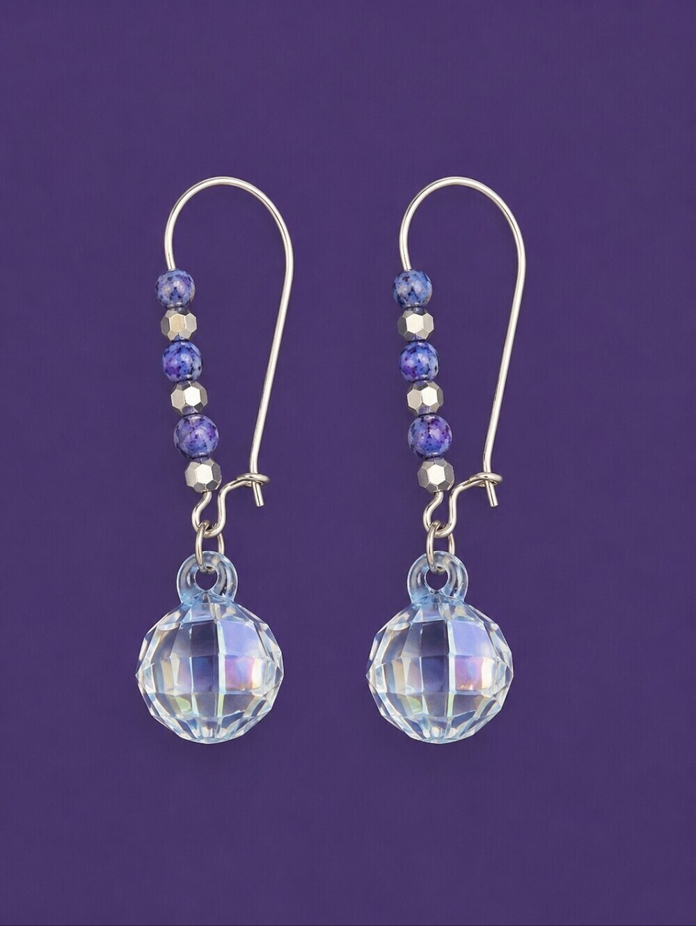 3/$30 HANDCRAFTED Lavendar Blue Czech Glass Beaded Disco Ball Hoop Earrings